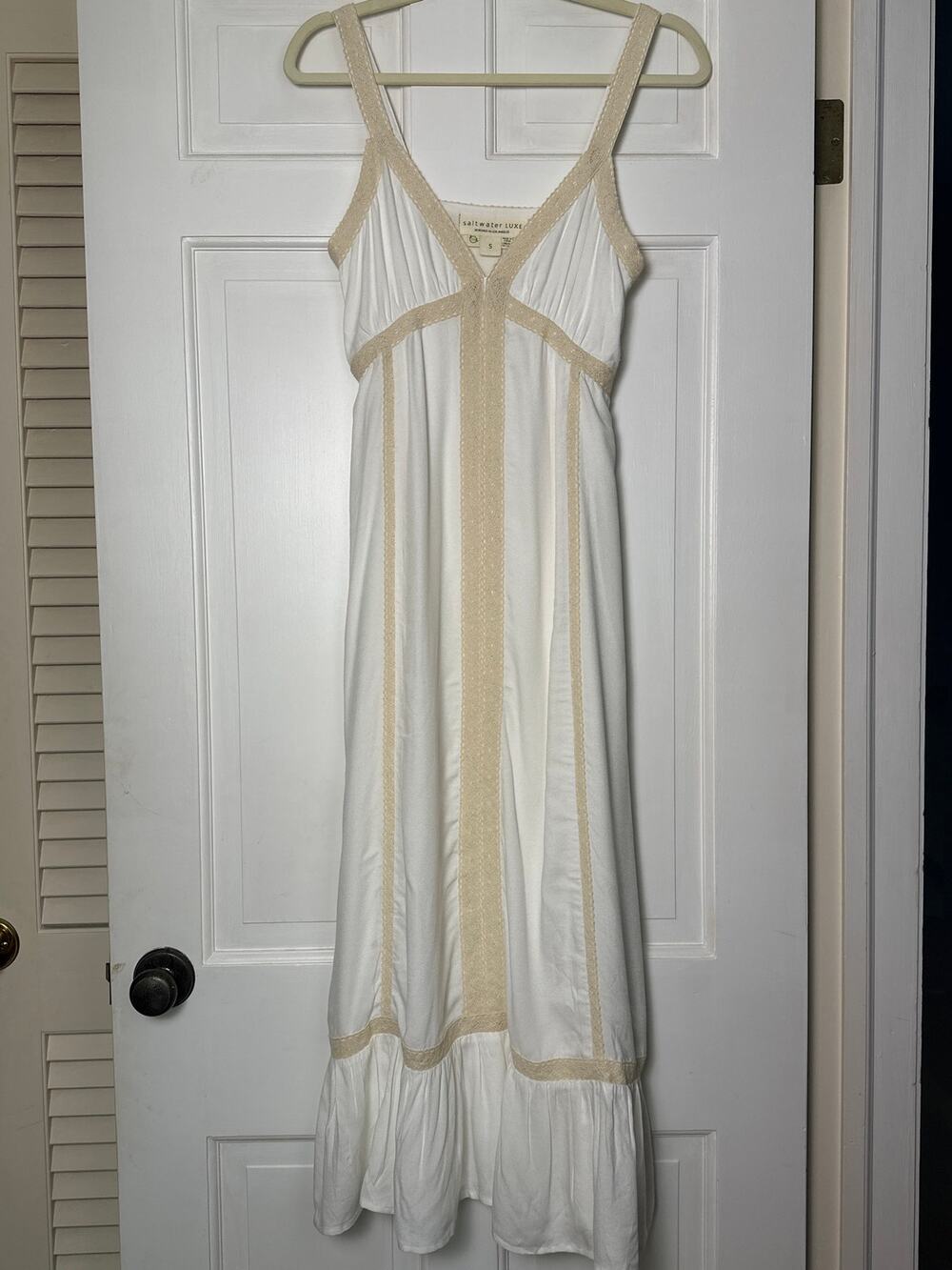 Saltwater Luxe Cream Crochet Lace Trim Boho Sun Maxi Empire Waist Dress | Size S